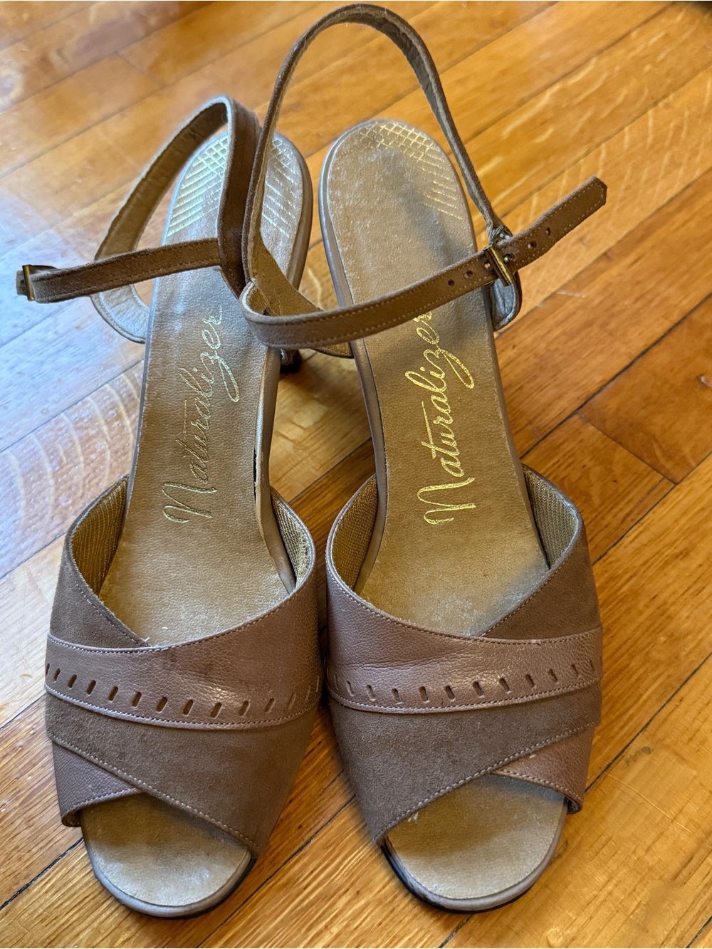 70’s Naturalizer Brown Suede & Leather Peep-Toe Slingback Heels
